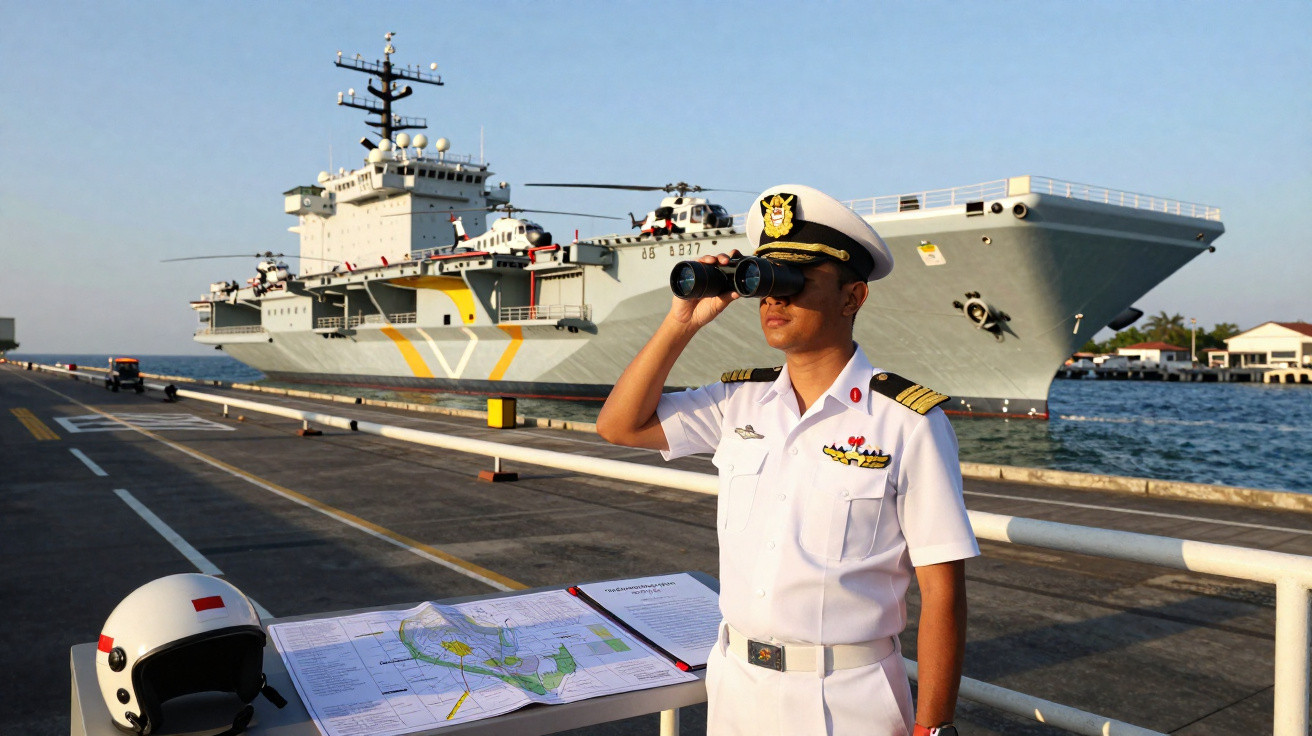 Oficial naval usando binóculos na doca com mapa sobre a mesa e navio de guerra ao fundo sob céu claro.