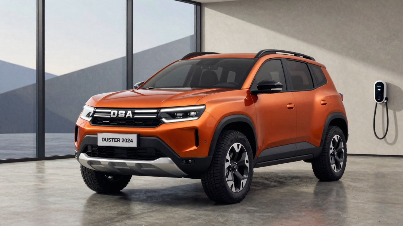 SUV DSA Duster 2024 laranja estacionado em ambiente interno com carregador elétrico na parede.