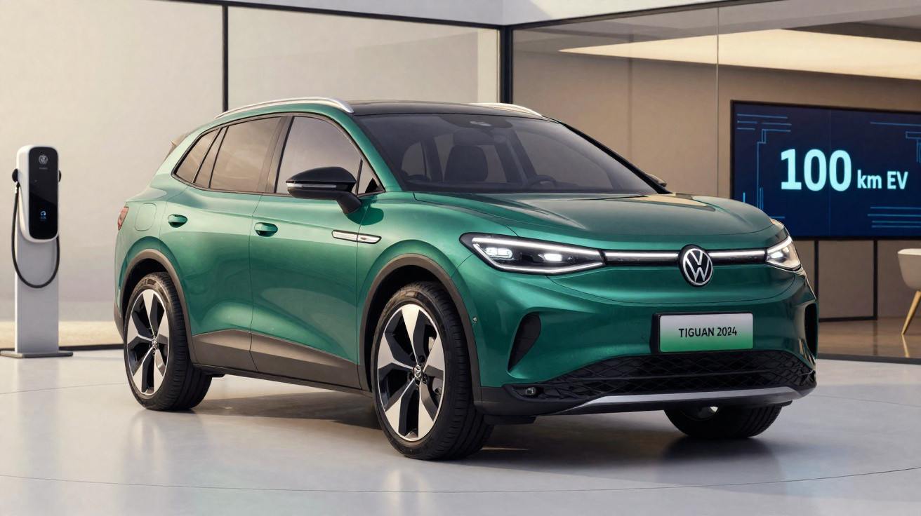 Carro SUV elétrico Volkswagen Tiguan 2024 verde em exposição, junto a estação de recarga.