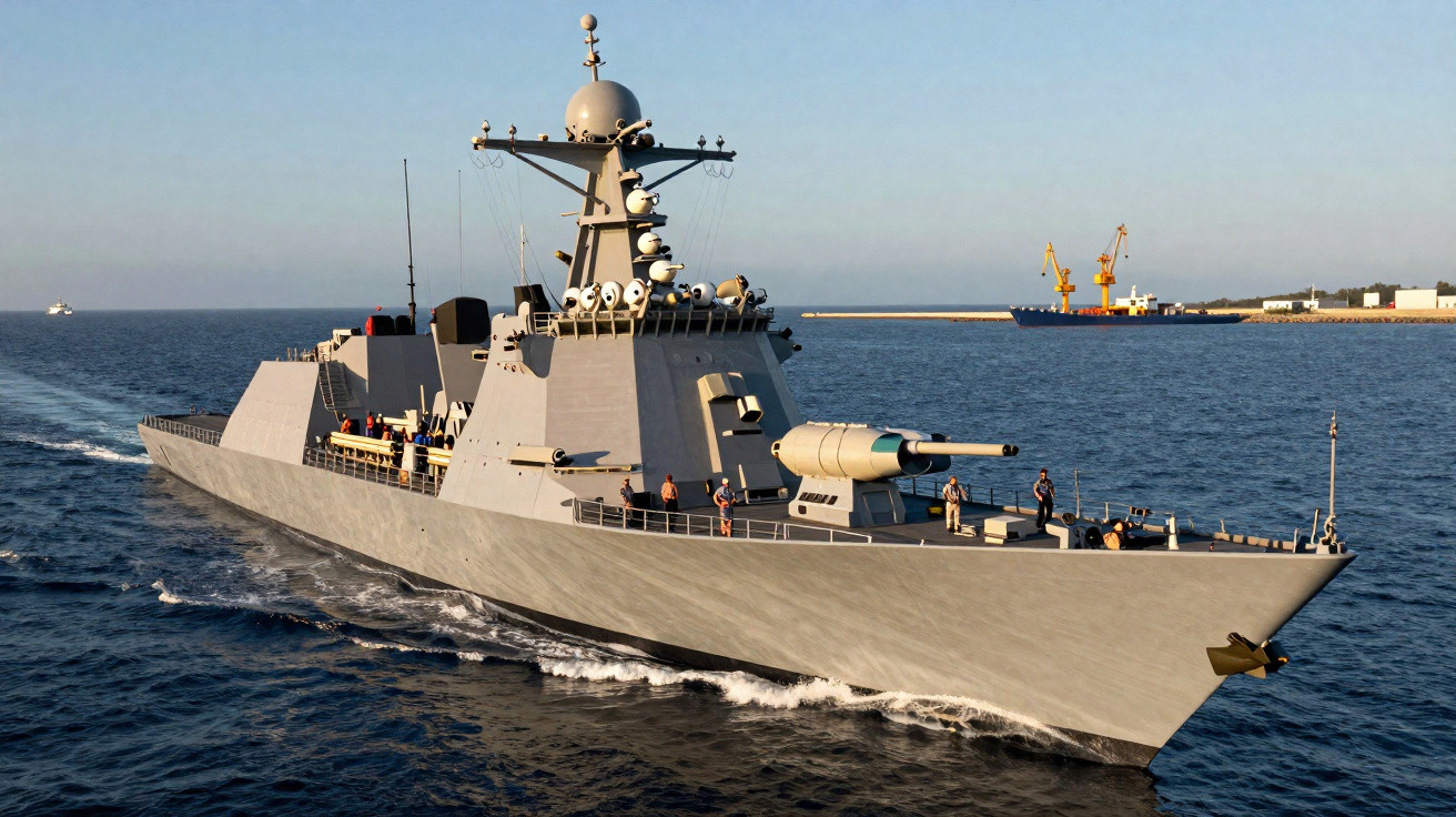 Navio de guerra cinza navegando em mar calmo próximo ao porto em dia ensolarado.