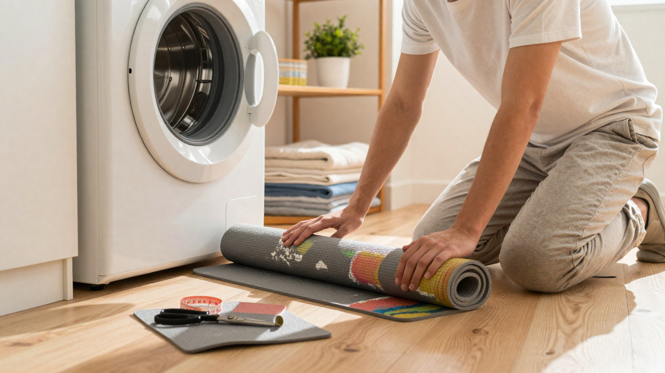 Pessoa enrolando tapete danificado próximo à máquina de lavar roupas em ambiente doméstico.