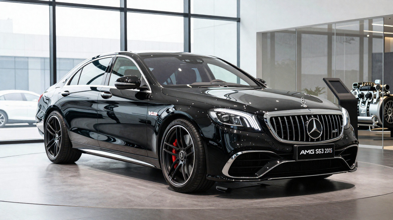 Carro preto Mercedes-Benz AMG S63 2015 exibido em showroom moderno com piso cinza e paredes de vidro.