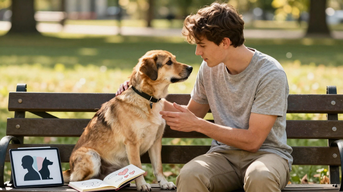 Jovem conversa e acaricia cachorro em banco de parque com livros e tablet ao lado.