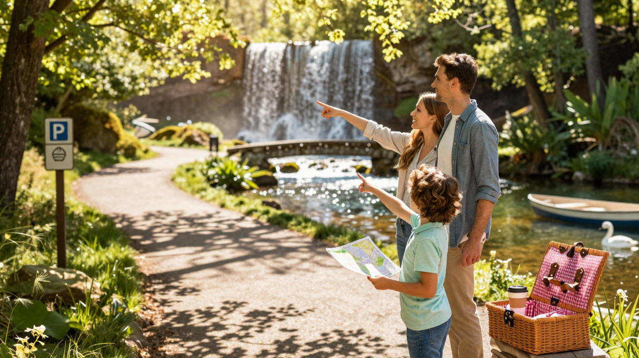 Família em parque com cachoeira, criança com mapa e cesta de piquenique ao lado em dia ensolarado.