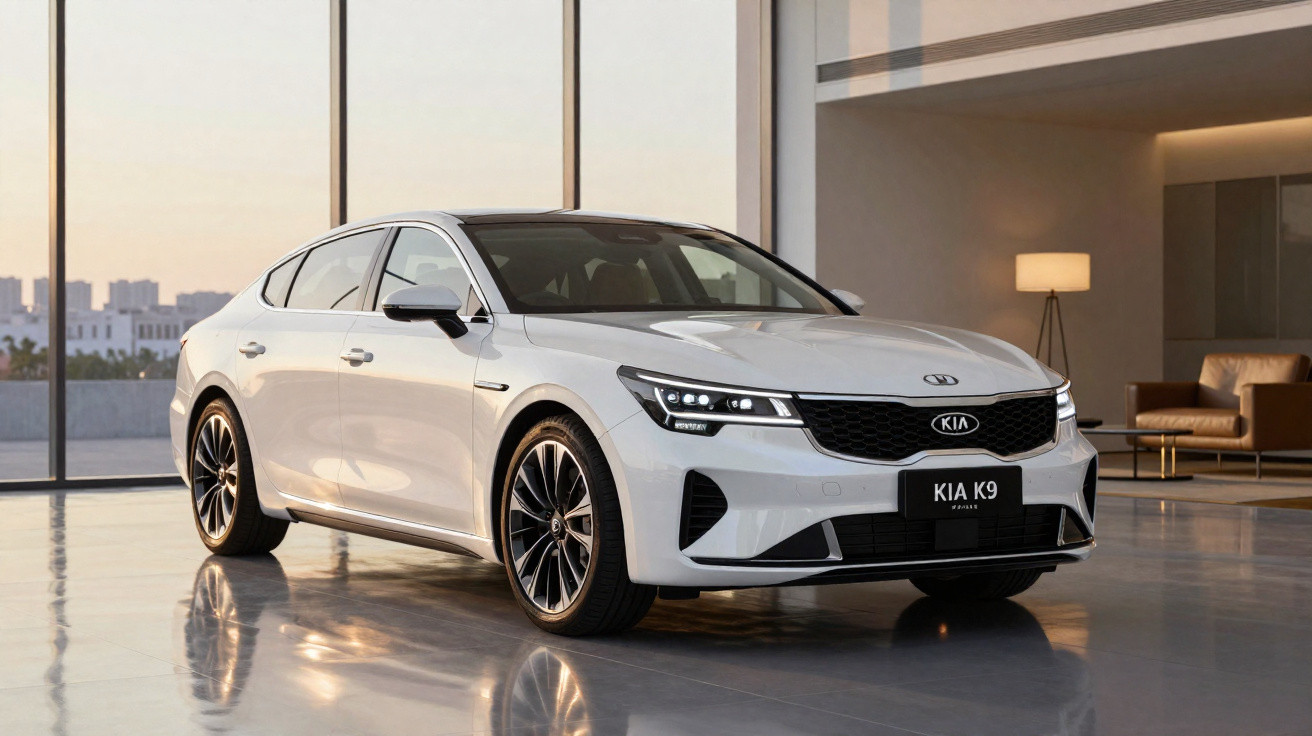 Carro branco Kia K9 sedan estacionado em ambiente interno moderno com iluminação natural e móveis.