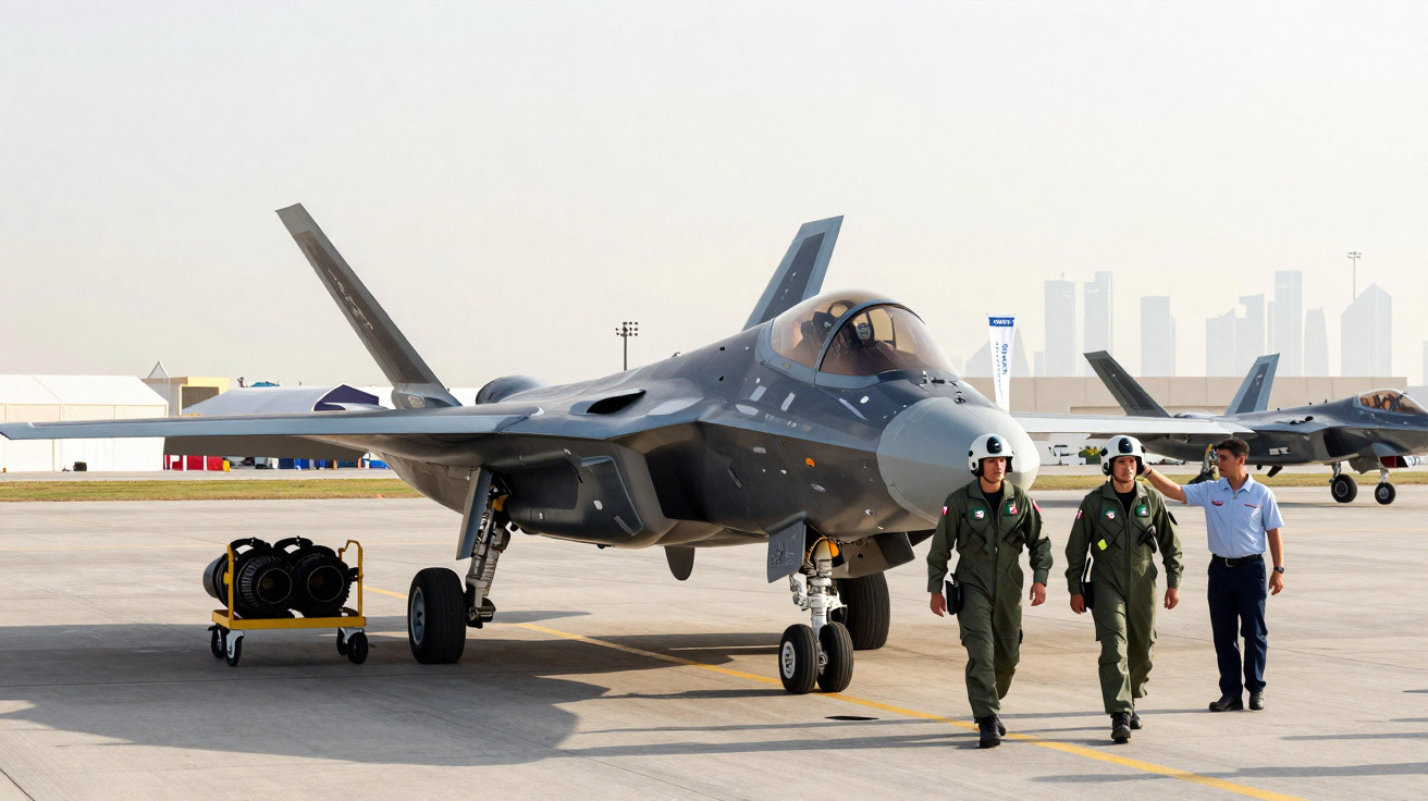 Caça F-35 estacionado em pista com dois pilotos e um técnico caminhando próximo em dia claro.