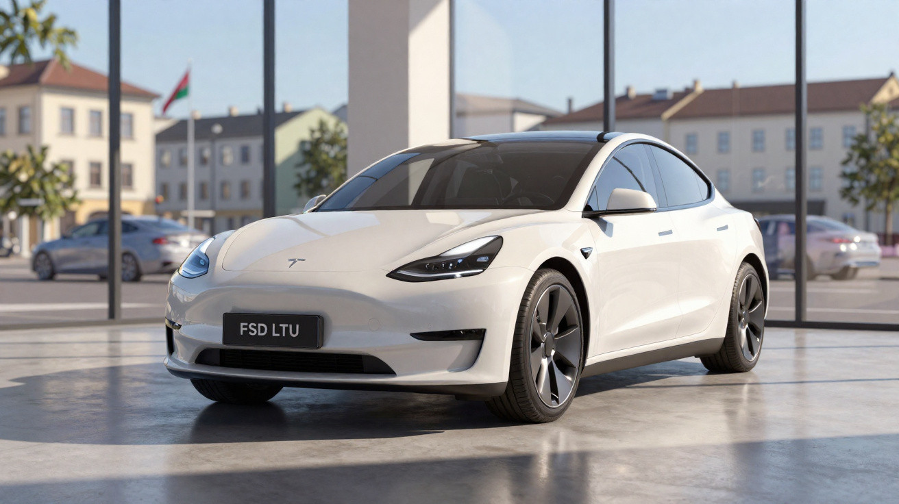 Carro elétrico branco Tesla Model 3 estacionado dentro de showroom com janelas de vidro grandes.