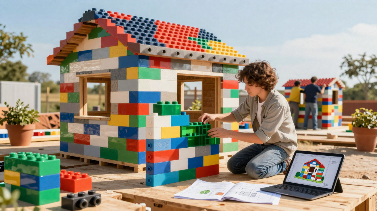 Menino monta casa colorida com blocos grandes estilo LEGO em área externa com tablet e planta.