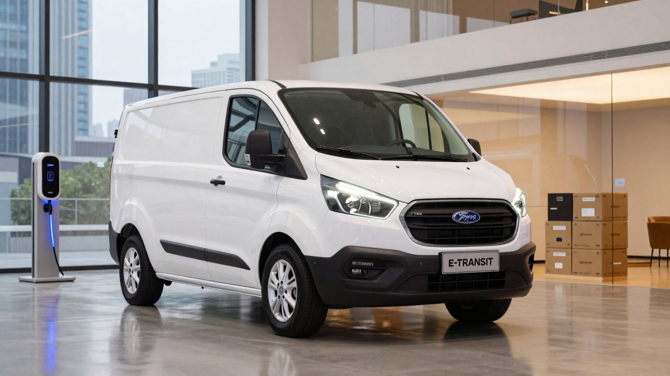 Van elétrica branca Ford E-Transit estacionada próxima a estação de recarga em ambiente interno moderno.
