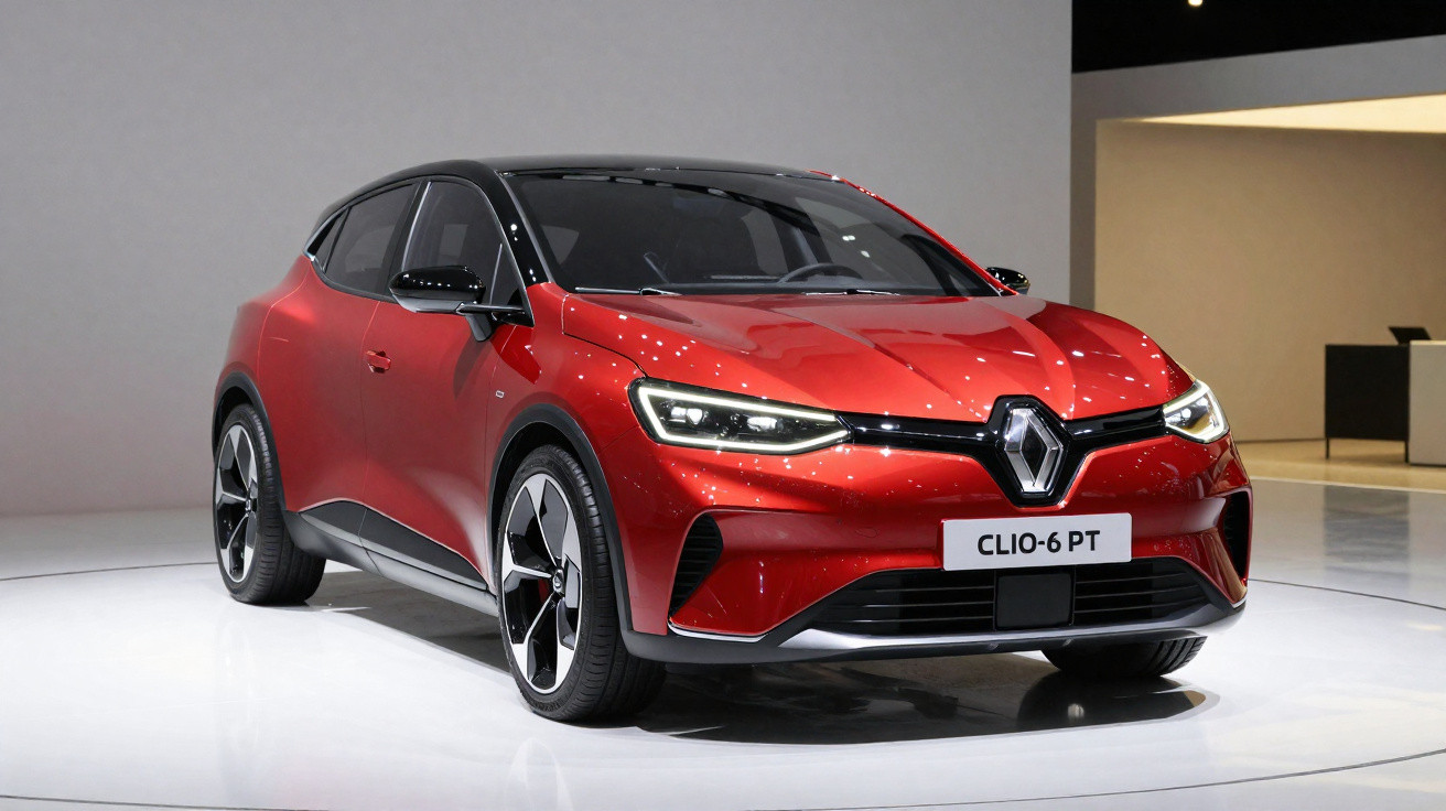 Carro vermelho Renault Clio-6 PT em exposição com fundo neutro e iluminação destacada.