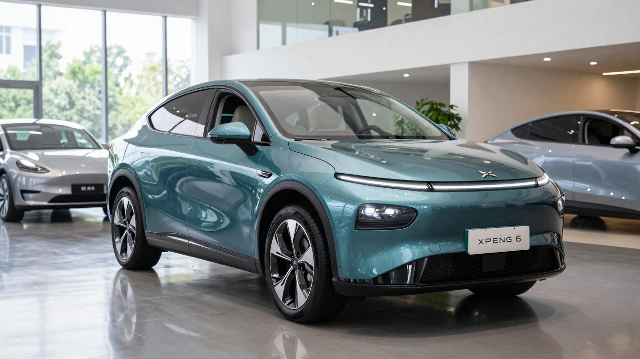 Carro elétrico XPeng G6 verde em exposição interna com outros carros ao fundo
