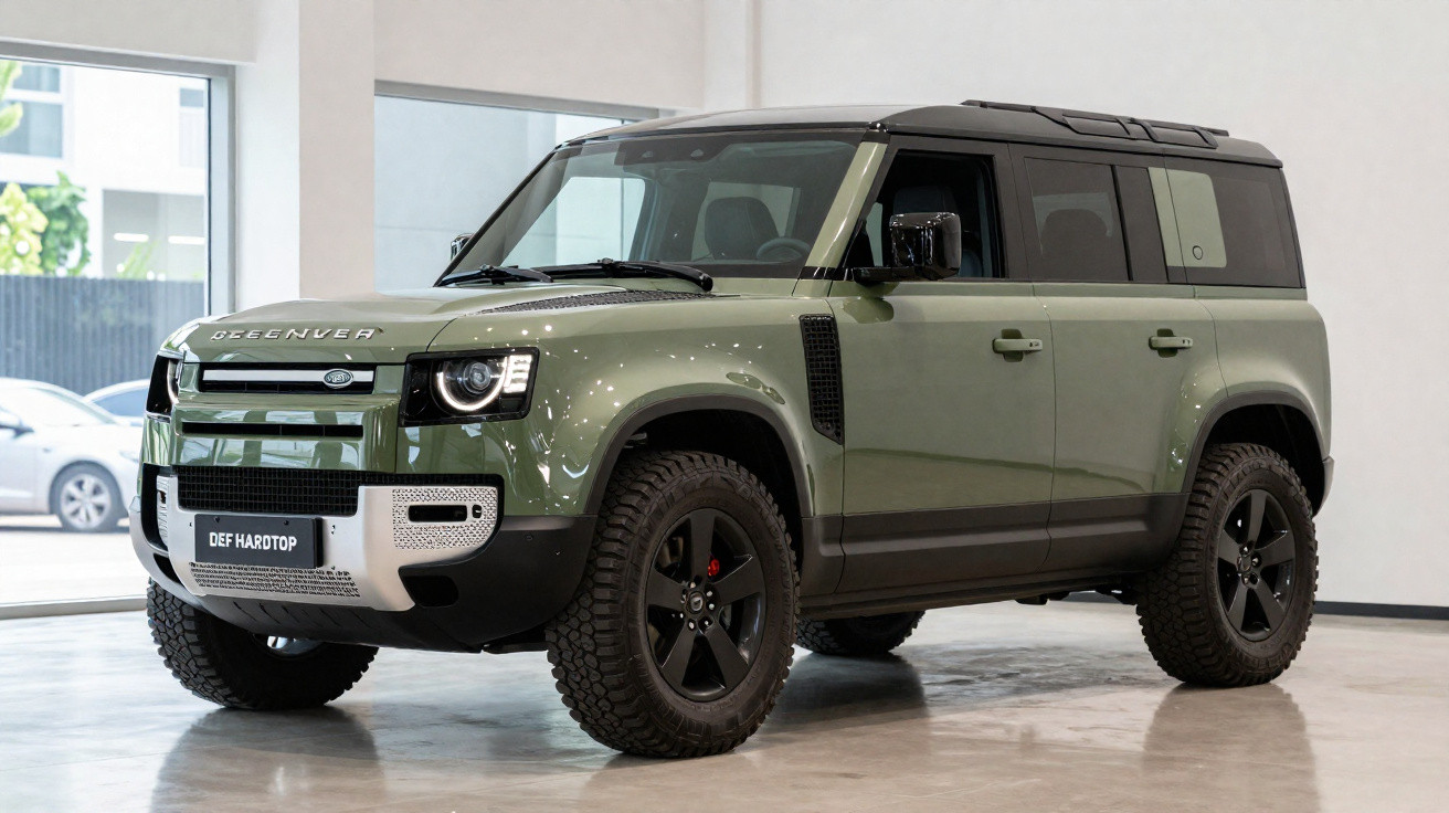 SUV verde militar Land Rover Defender com pneus off-road, teto preto e para-choque frontal prateado exibido em showroom.
