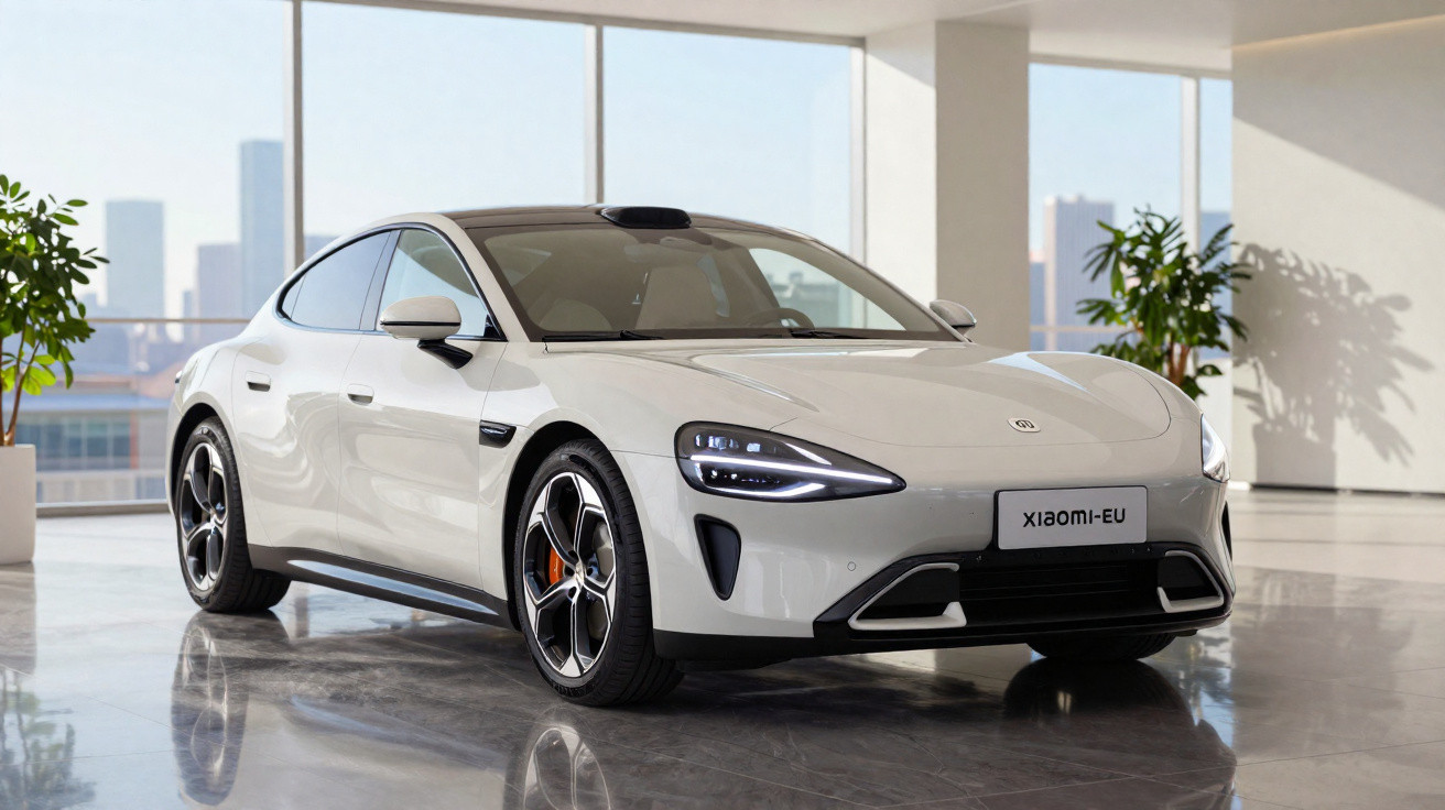 Carro esportivo elétrico branco estacionado em ambiente interno moderno com plantas e janelas amplas ao fundo.