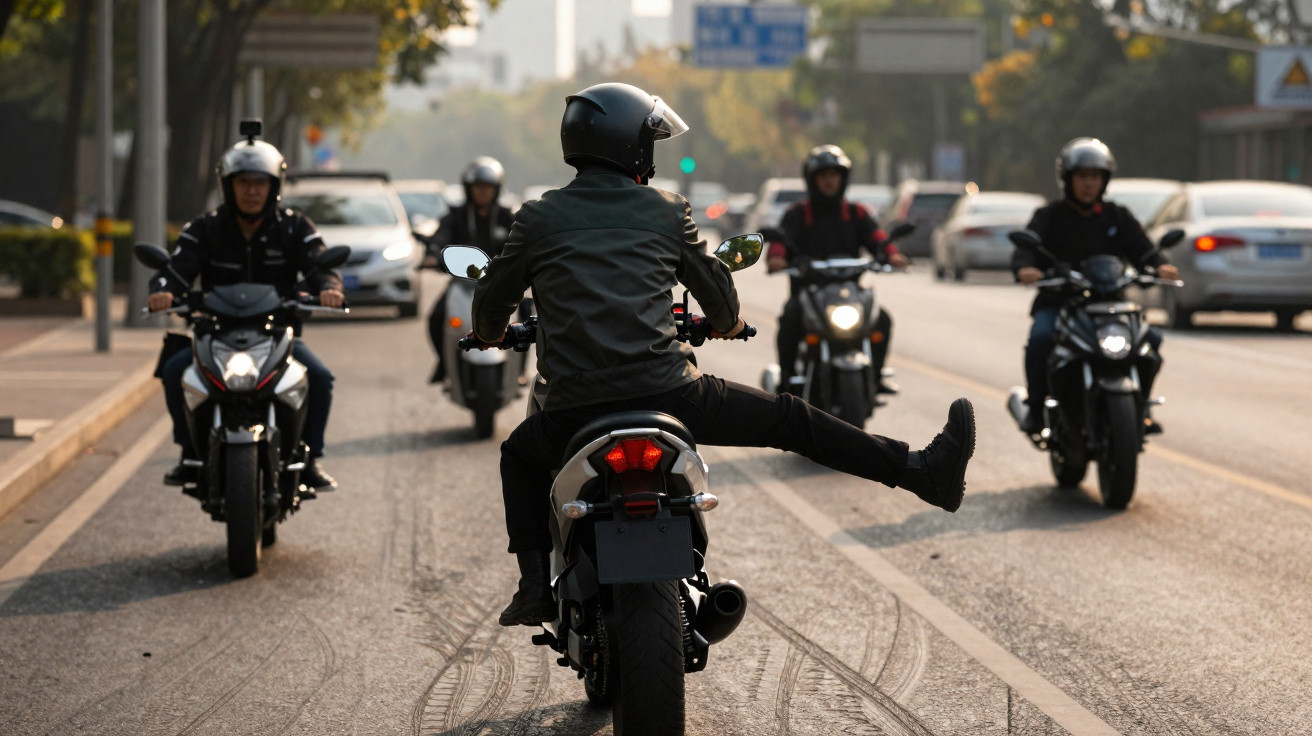Grupo de motociclistas com capacete em via urbana, um deles esticando a perna para o lado.