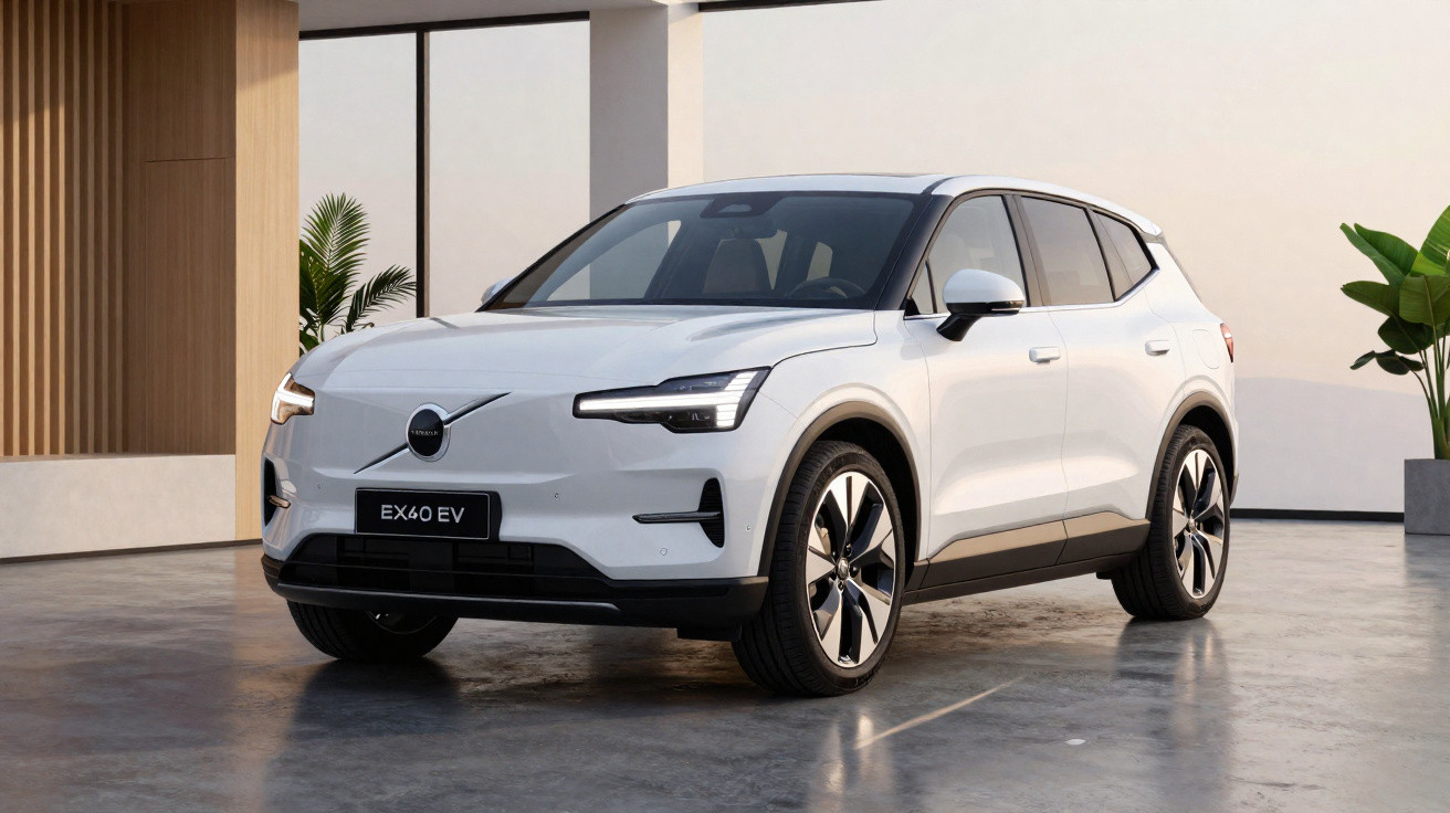 Carro elétrico branco Volvo EX40 EV estacionado em ambiente interno moderno com plantas ao fundo.