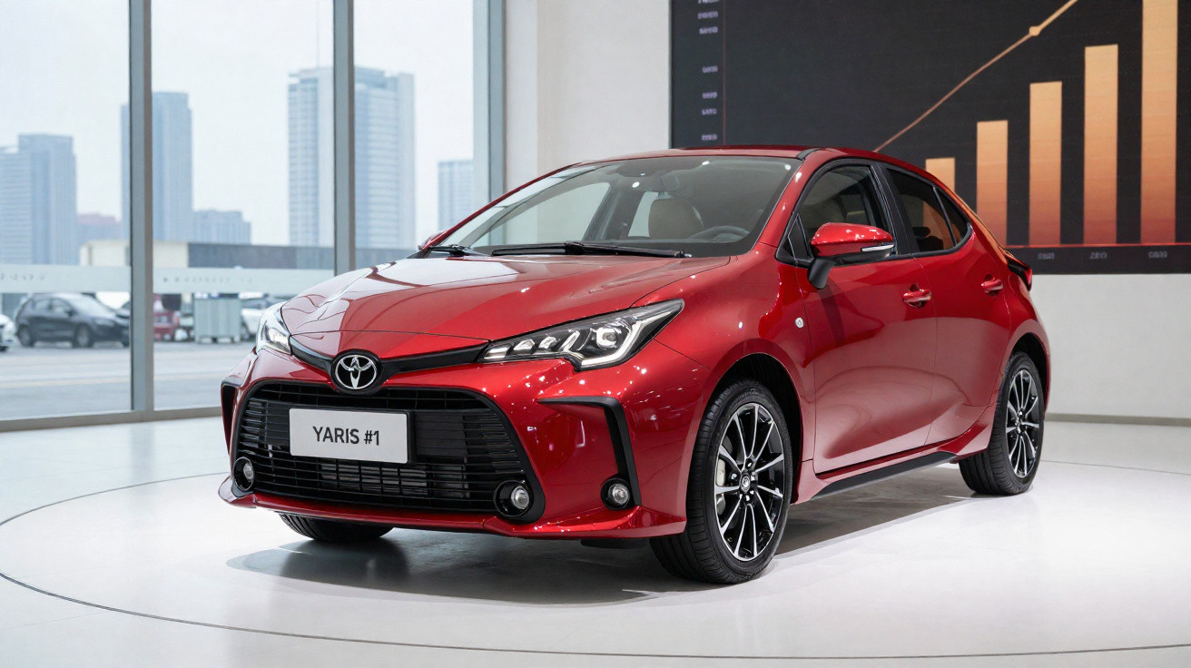 Carro vermelho Toyota Yaris exibido em estande moderno com gráficos de crescimento ao fundo.