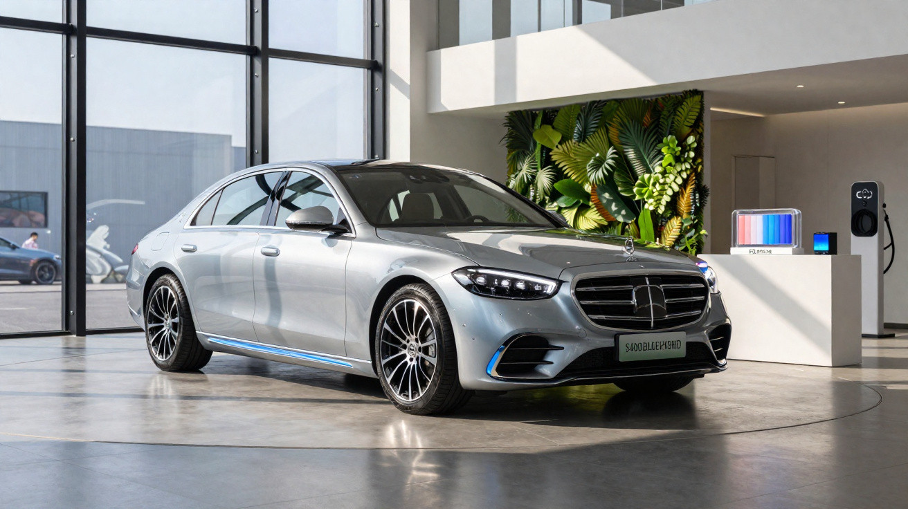 Carro elétrico prata expo Mercedes-Benz estacionado em showroom moderno com painel verde ao fundo.