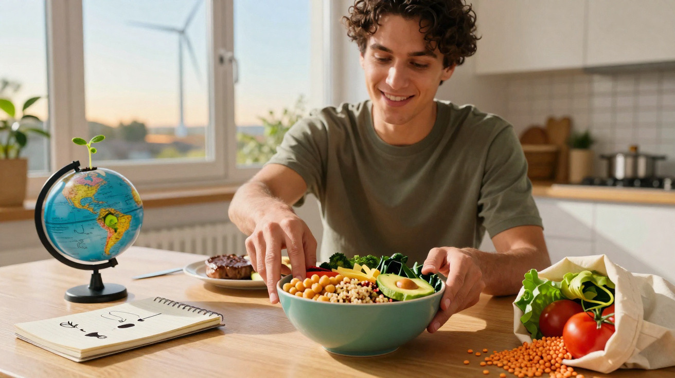 Jovem sorridente preparando tigela com salada vegetariana na cozinha iluminada pela manhã.
