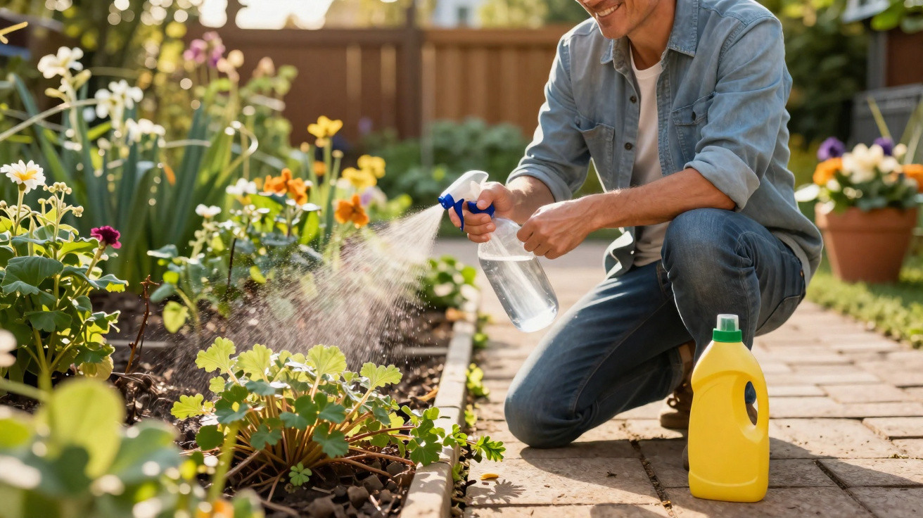 Homem agachado borrifando água em plantas de jardim colorido sob luz natural.
