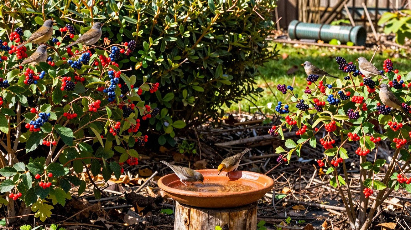 Pássaros pequenos pousados em arbustos com frutas vermelhas e azuladas ao redor de um recipiente com água em jardim.