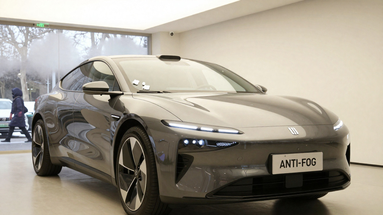 Carro elétrico cinza estacionado em ambiente interno com placa personalizada "ANTI-FOG" e design aerodinâmico.