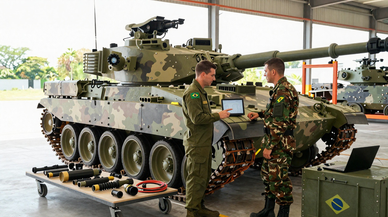 Dois soldados brasileiros inspecionam um tanque de guerra camuflado em um galpão.