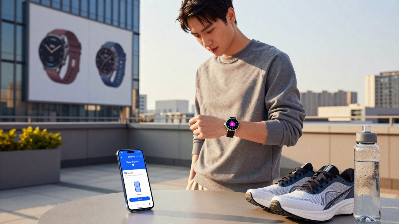 Homem em área externa usando smartwatch, com celular, tênis de corrida e garrafa de água sobre mesa.