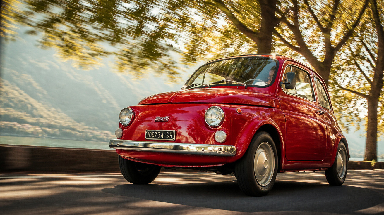 Carro Fiat 500 vermelho antigo em movimento em estrada ladeada por árvores ao entardecer.