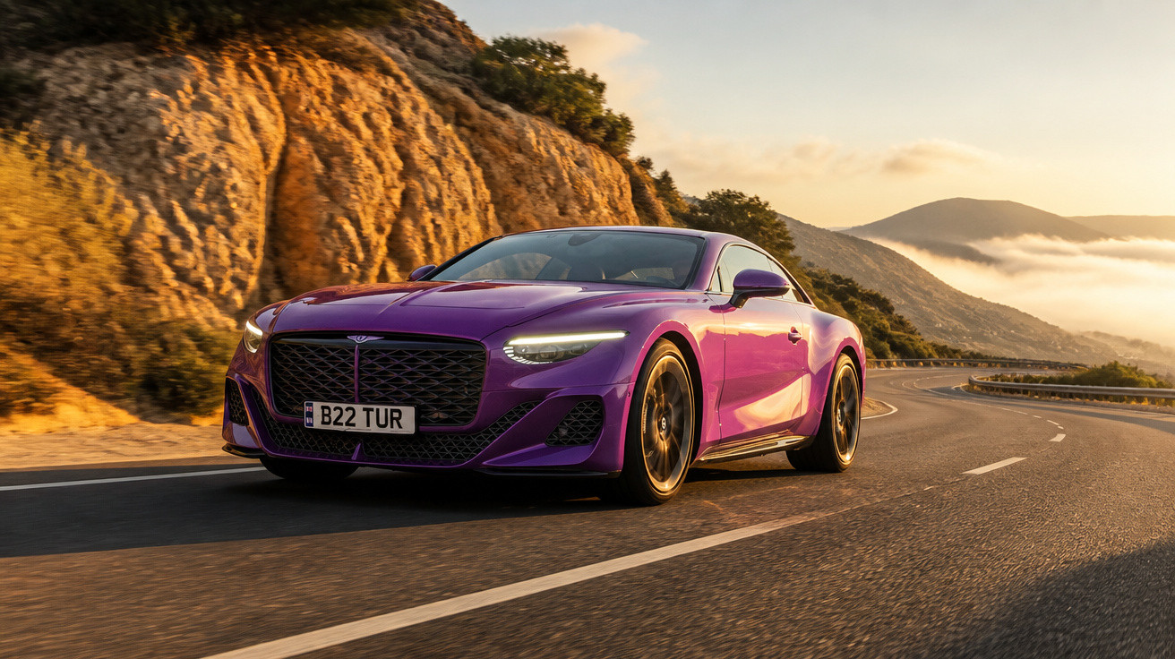 Carro esportivo roxo dirigindo em estrada sinuosa com montanhas ao fundo ao pôr do sol.