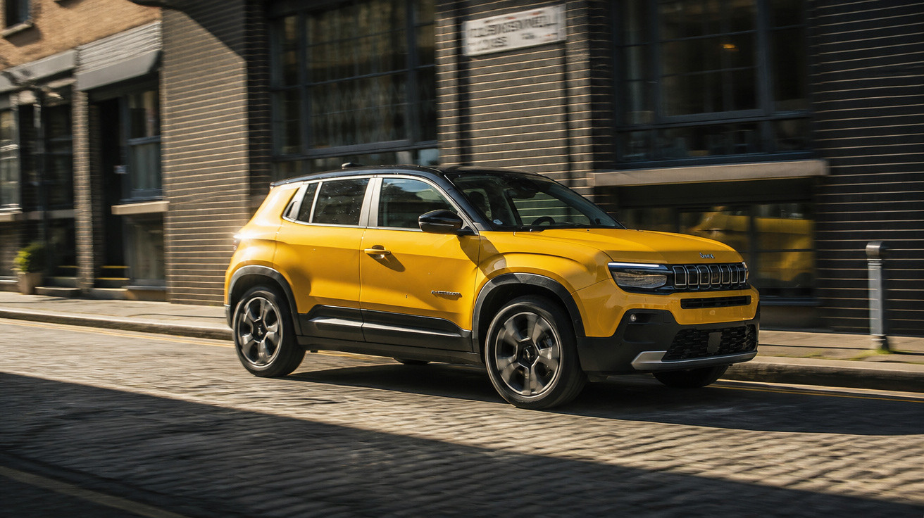 SUV amarelo Volkswagen em rua de paralelepípedo com prédios antigos ao fundo.
