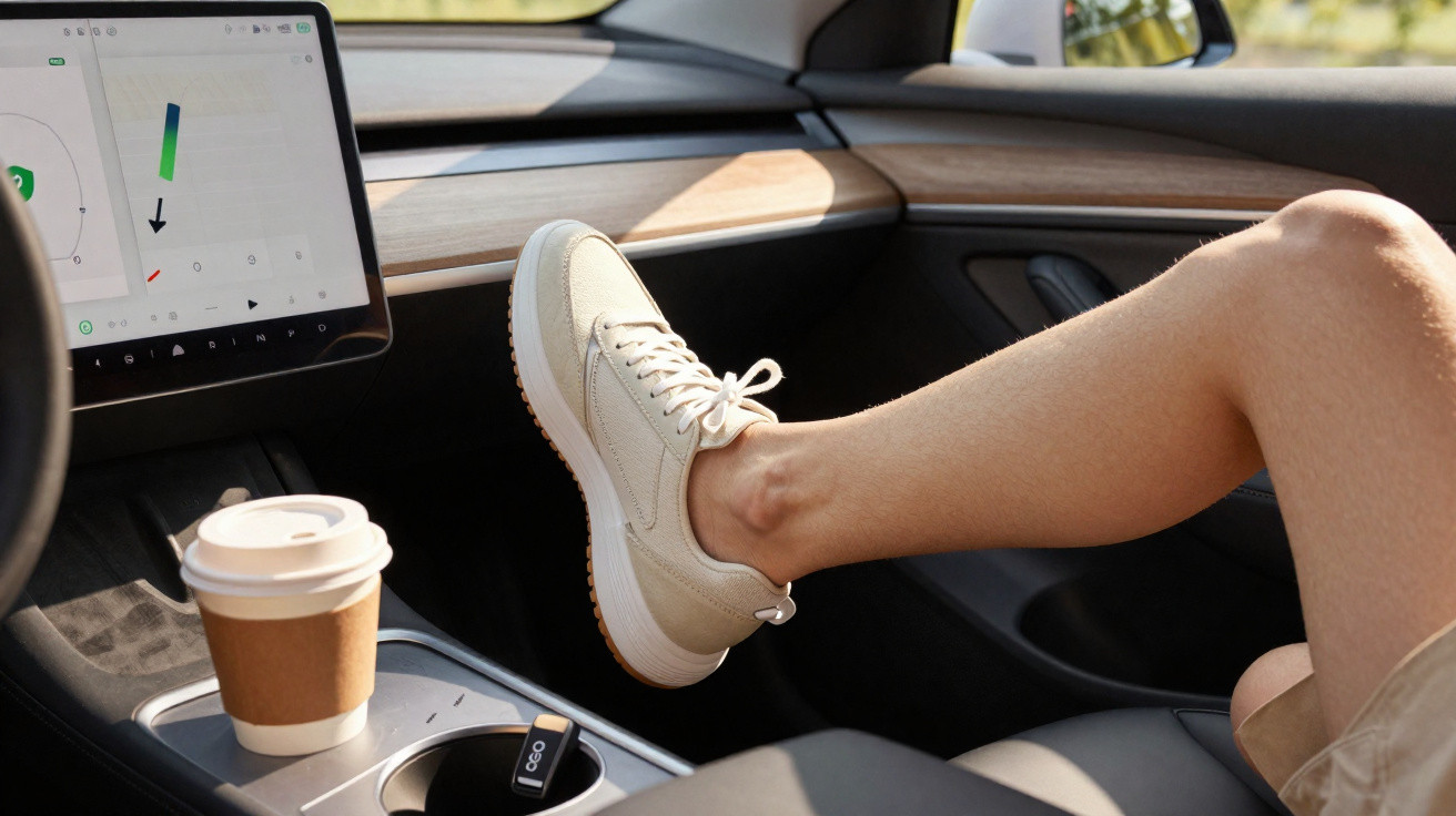 Pessoa com tênis branco descansando a perna no painel dianteiro de carro moderno com tela digital e copo de café.