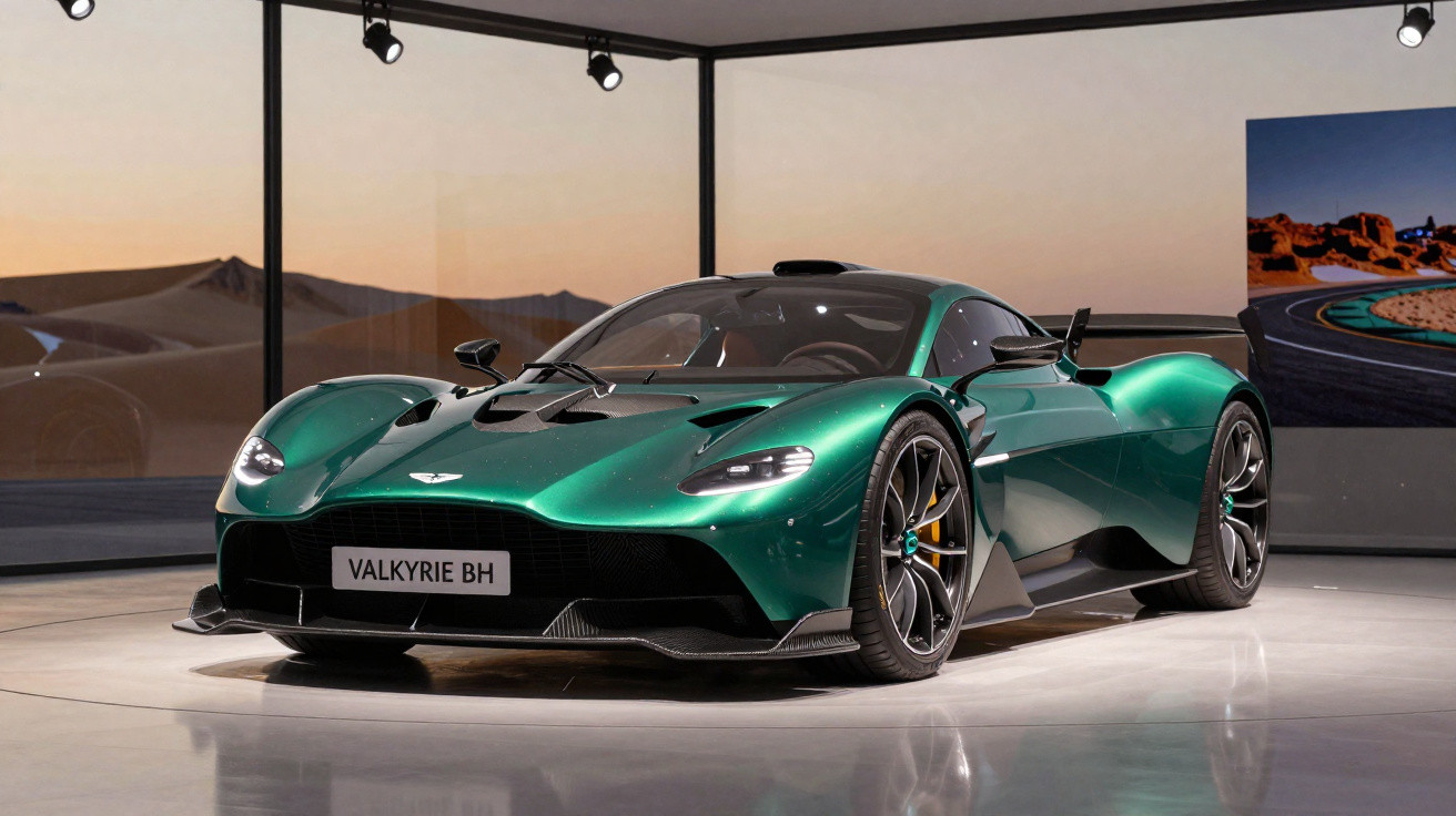 Carro esportivo verde metálico Aston Martin Valkyrie BH em exposição interna com fundo panorâmico.