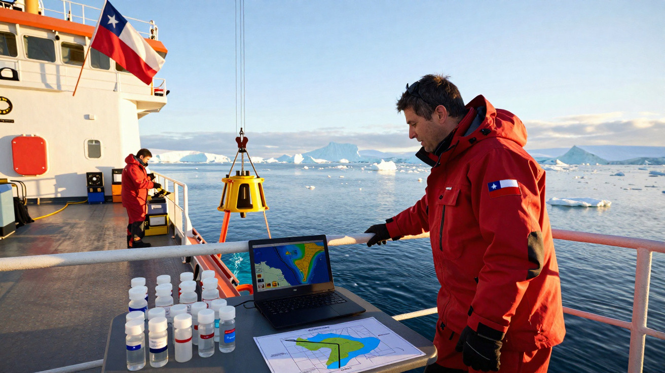 Cientista em roupa vermelha analisa dados em laptop em navio com gelo e bandeira do Chile ao fundo.