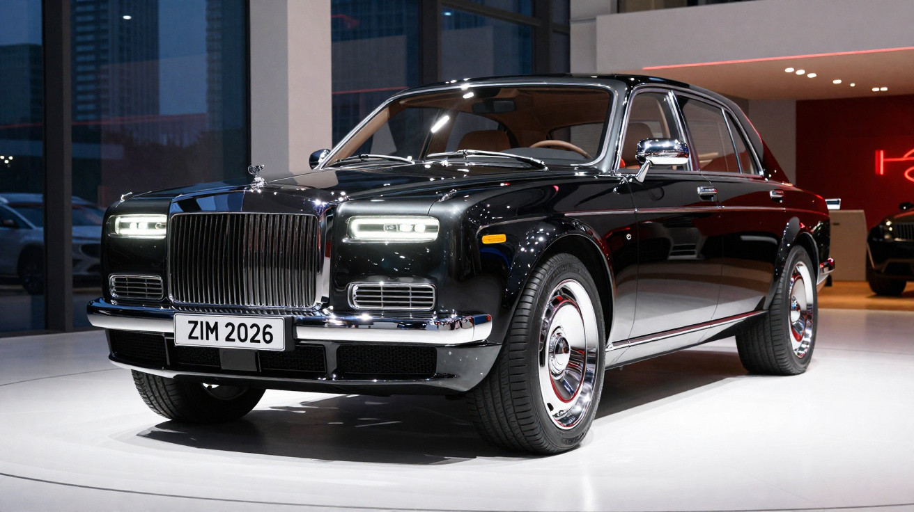 Carro luxuoso preto clássico exibido em ambiente interno com iluminação moderna e rodas cromadas.