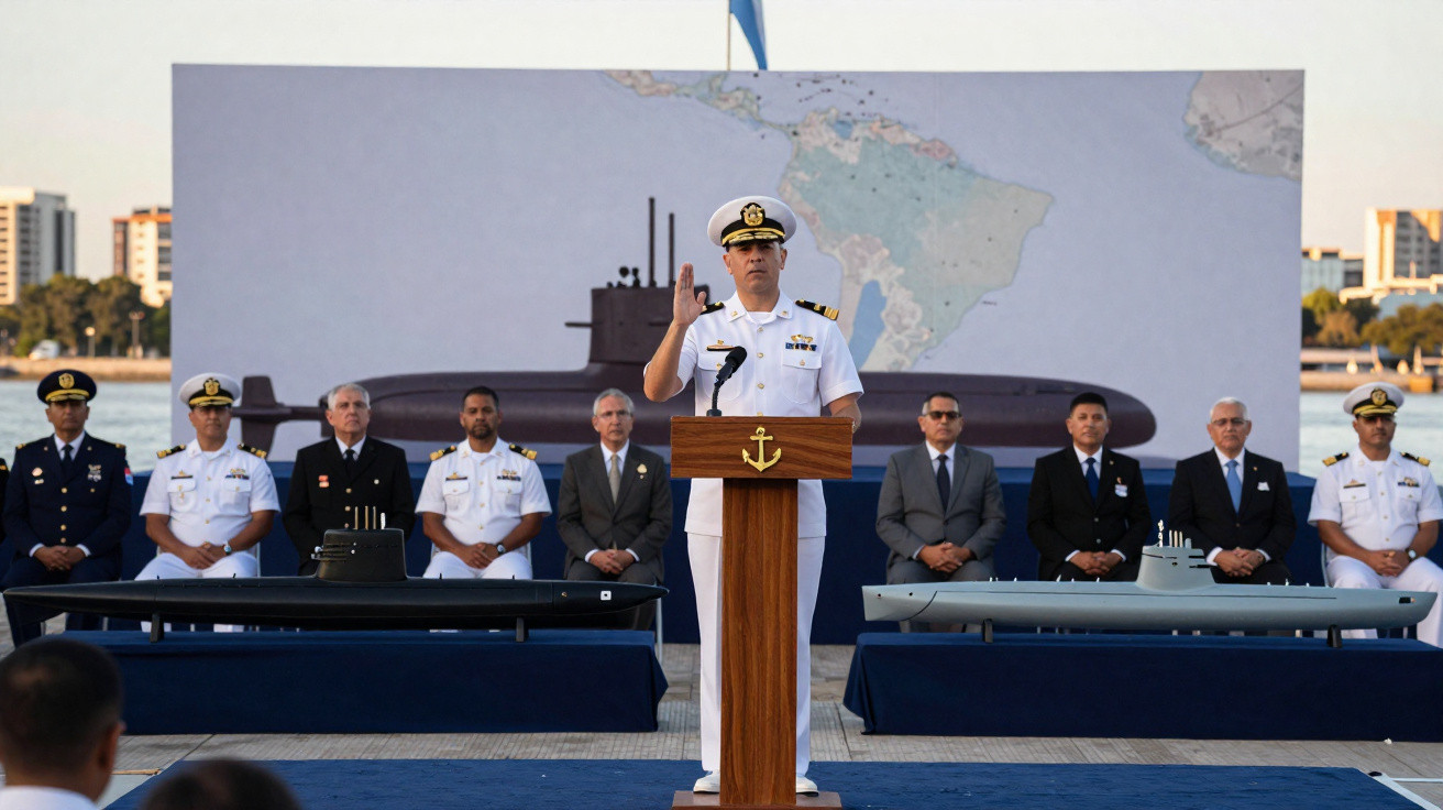 Oficial da marinha em cerimônia de juramento diante de miniaturas de submarinos e mapa da América do Sul ao fundo.