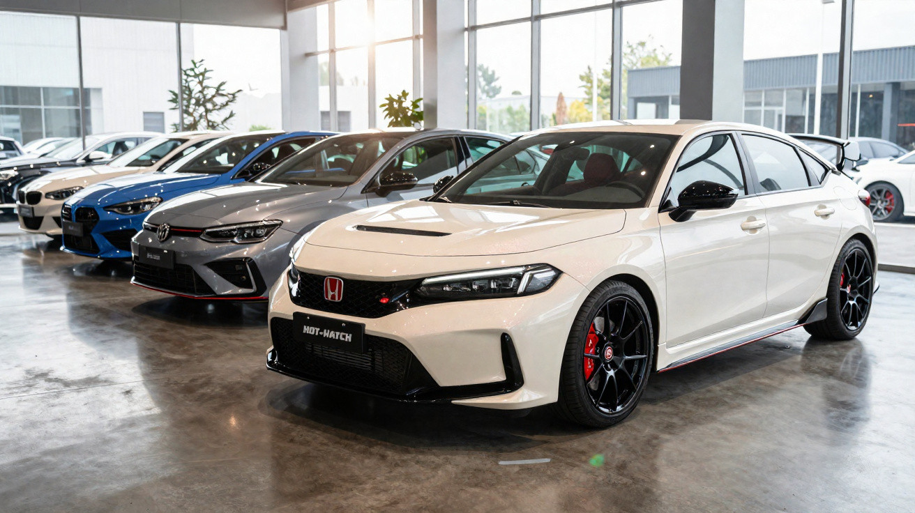 Carros esportivos em exposição dentro de showroom com destaque para Honda branco na frente.