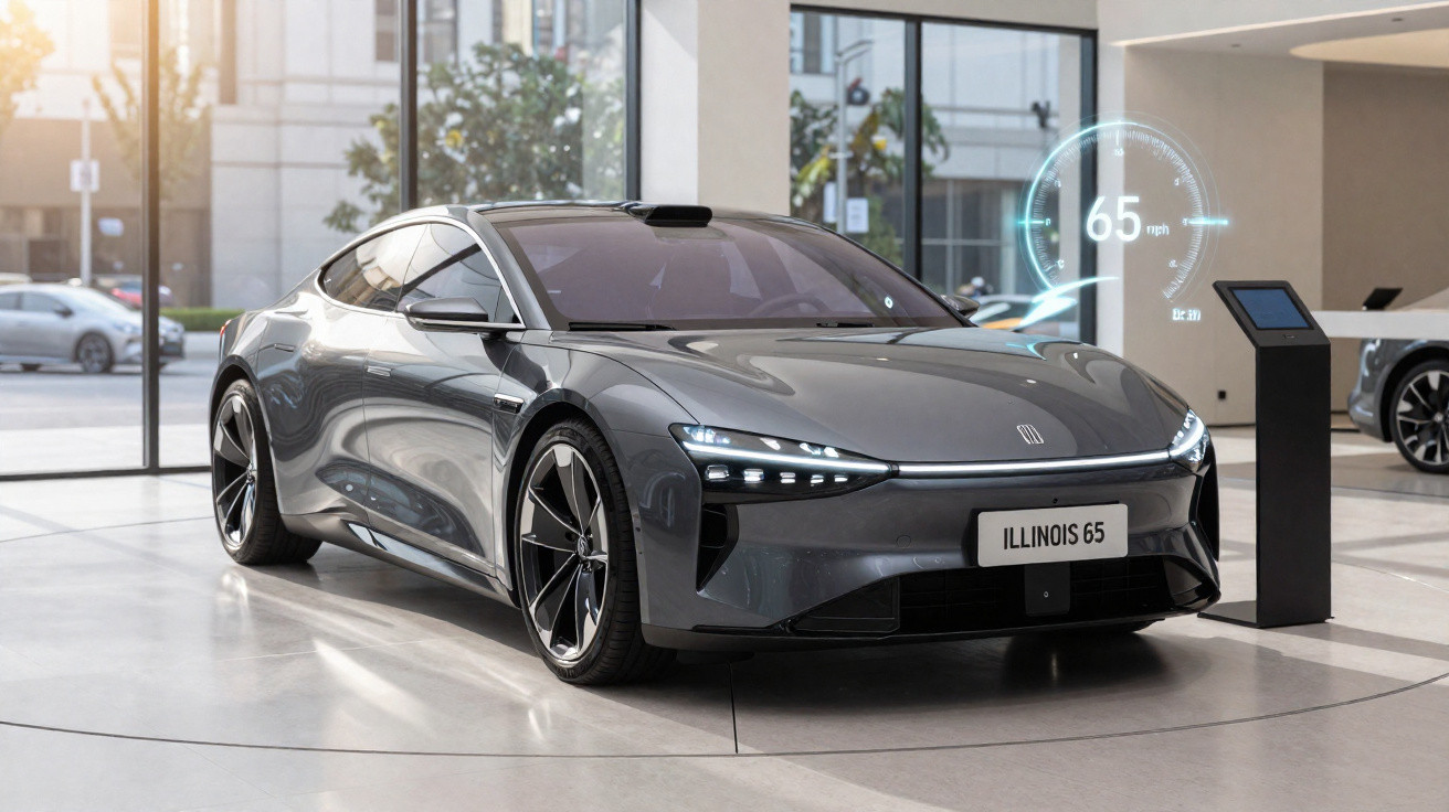 Carro esportivo elétrico cinza brilhante em exposição, com painel digital exibindo velocidade de 65 mph.