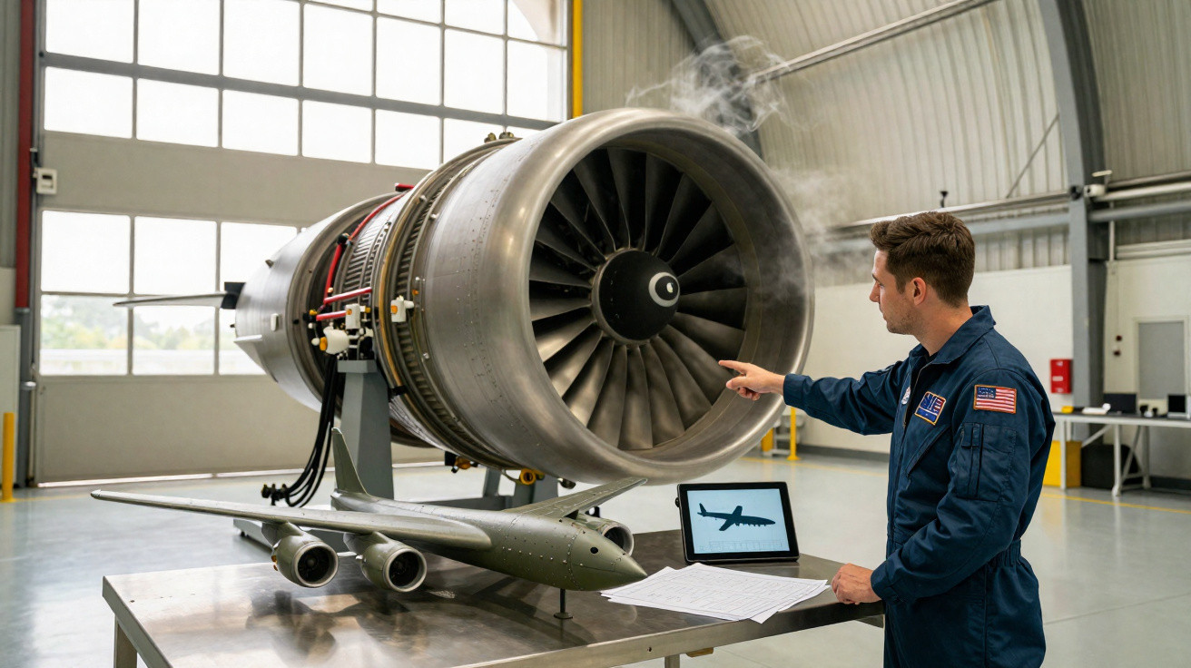 Homem em macacão testa turbina de motor de avião em oficina com laptop e modelo de aeronave na mesa.