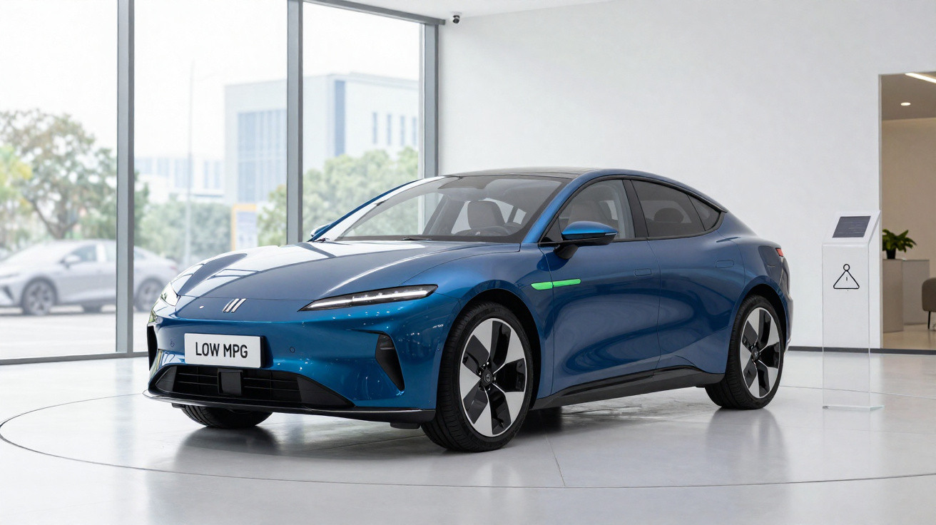 Carro elétrico azul em exposição interna com design moderno e aerodinâmico, vidro amplo e rodas estilizadas.