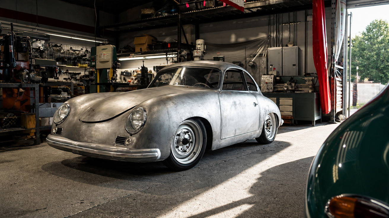 Carro clássico cinza em oficina automotiva com ferramentas e equipamentos ao fundo.
