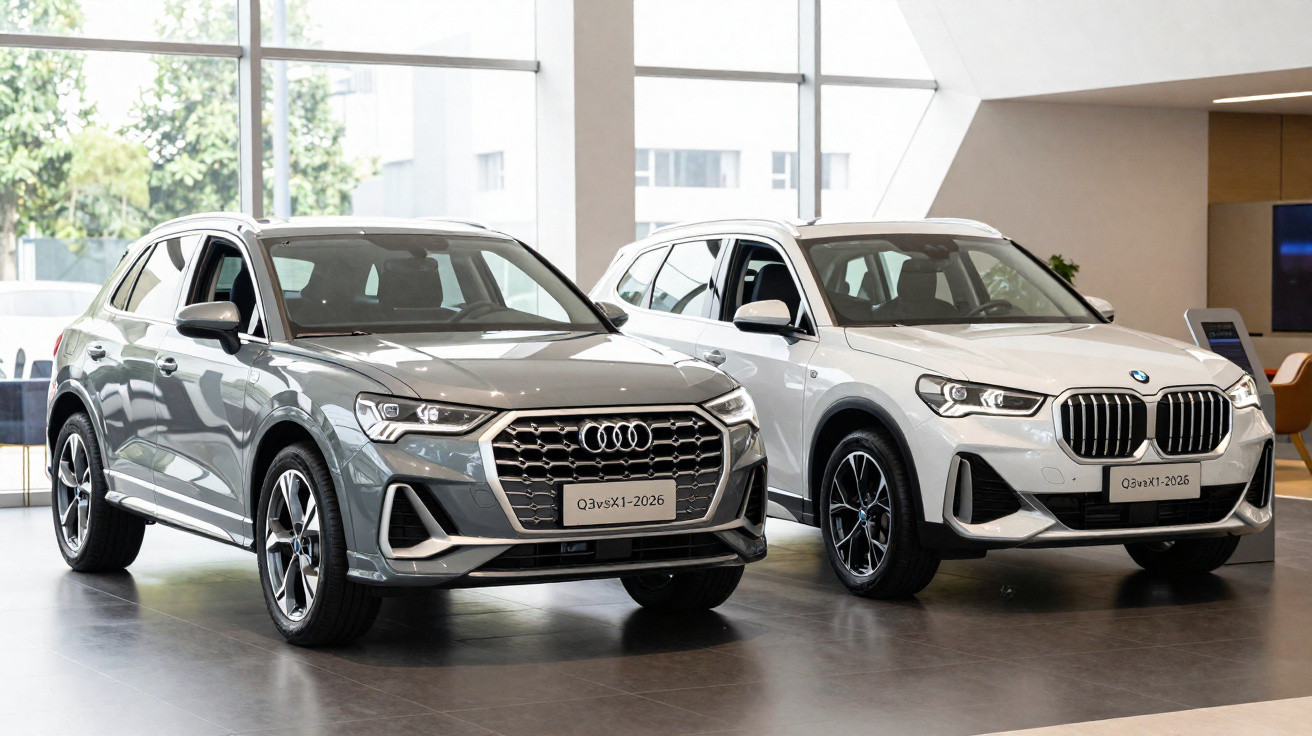 Duas SUVs estacionadas em showroom, uma Audi cinza e uma BMW branca, com portas abertas.