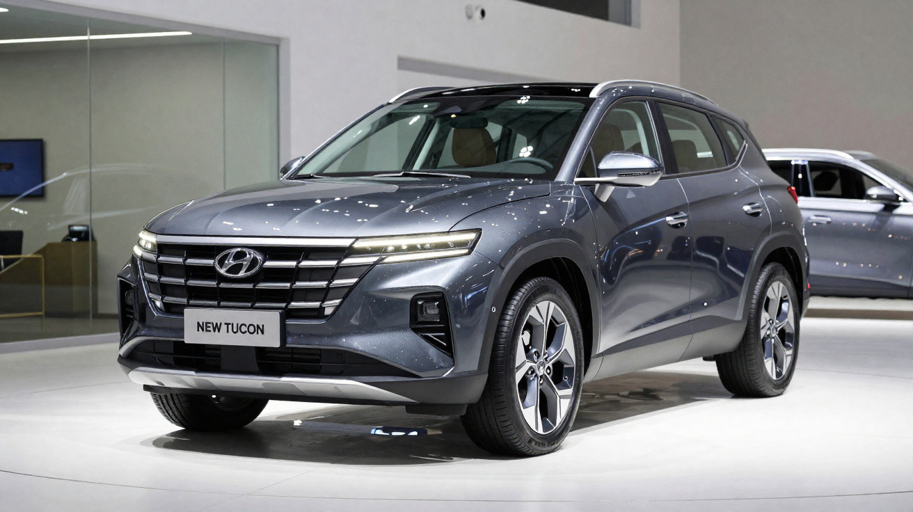 SUV Hyundai New Tucson cinza exibido em showroom moderno com iluminação refletida na lataria.