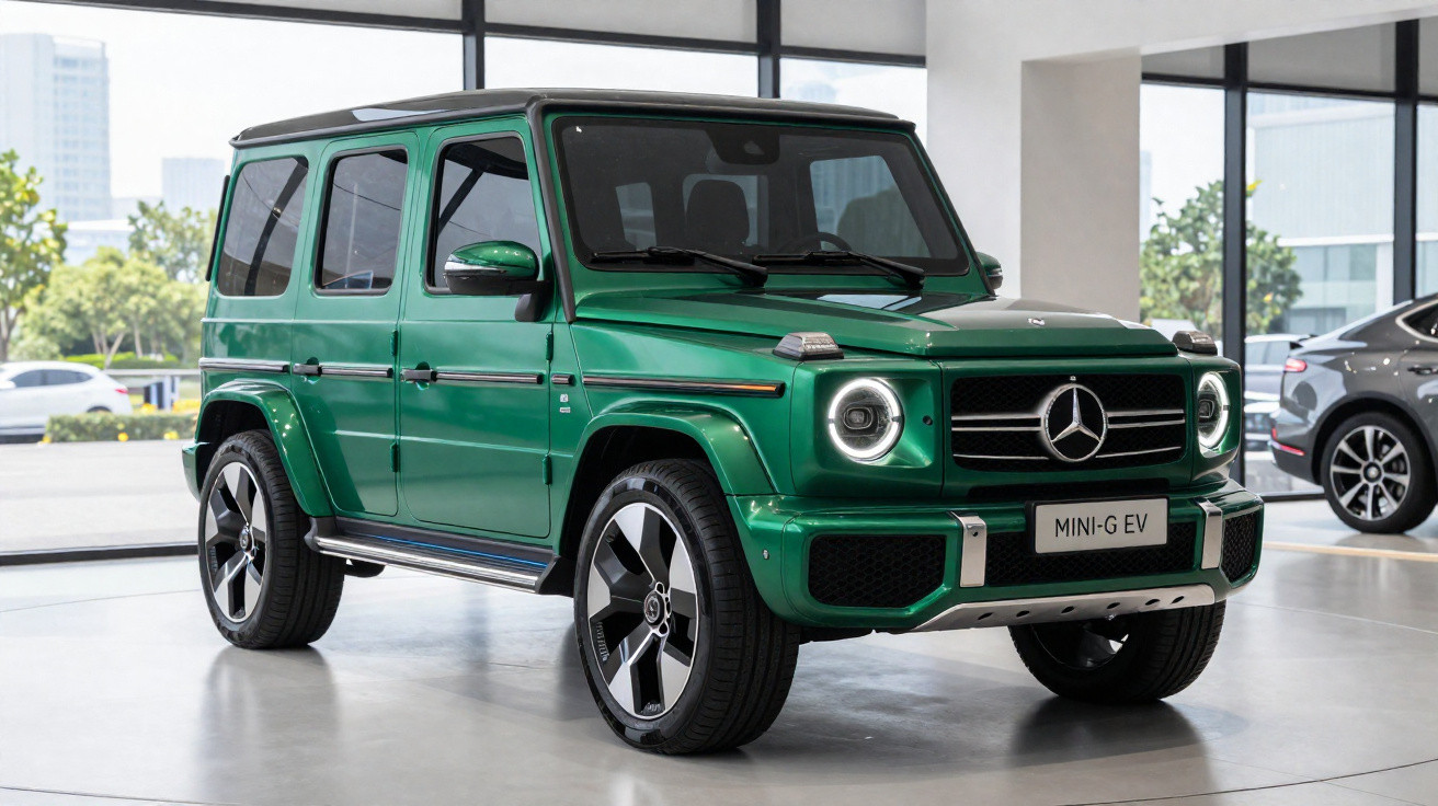 SUV Mercedes-Benz G-Class verde estacionado em showroom moderno e iluminado.