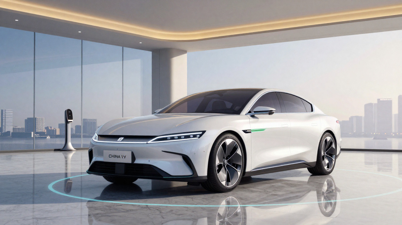 Carro elétrico sedan branco estacionado em ambiente moderno com carregador ao fundo.
