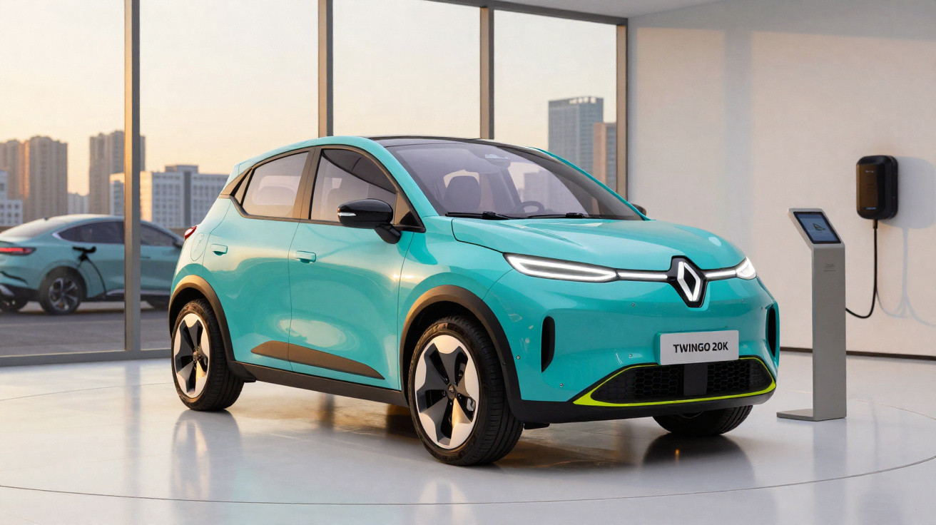 Carro elétrico Renault Twingo 20K azul em showroom com paredes de vidro e estação de recarga elétrica.