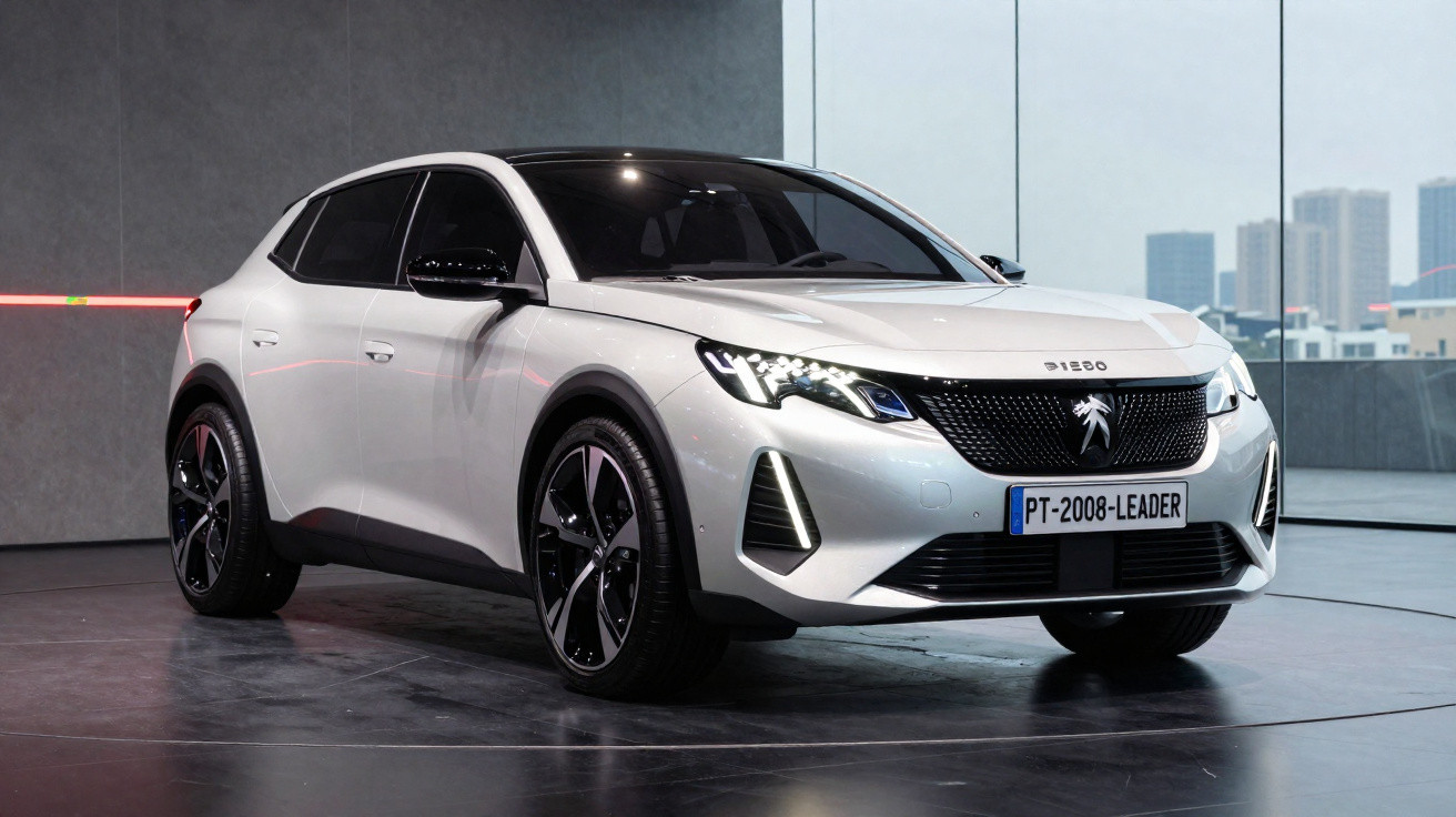 Carro SUV Peugeot 2008 branco em exposição, em ambiente interno moderno, vista frontal esquerda.