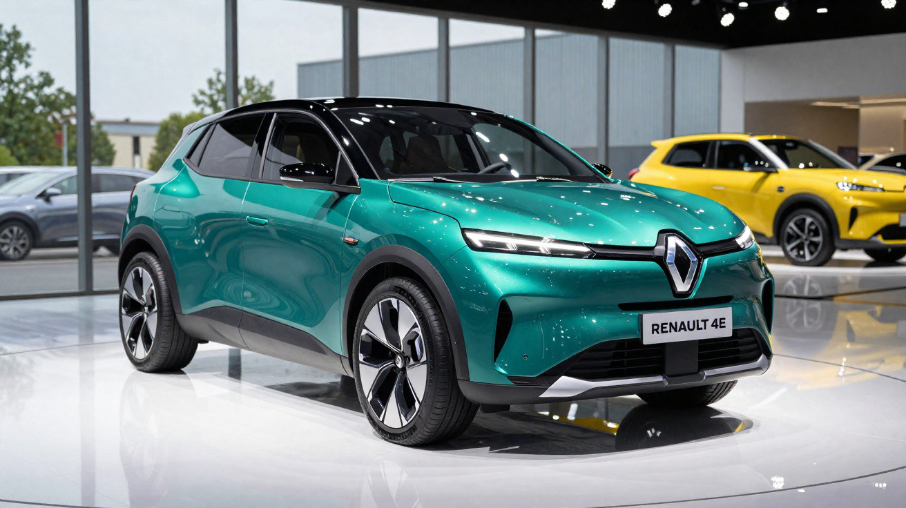 Carro elétrico Renault 4E verde em exposição em ambiente moderno e bem iluminado.