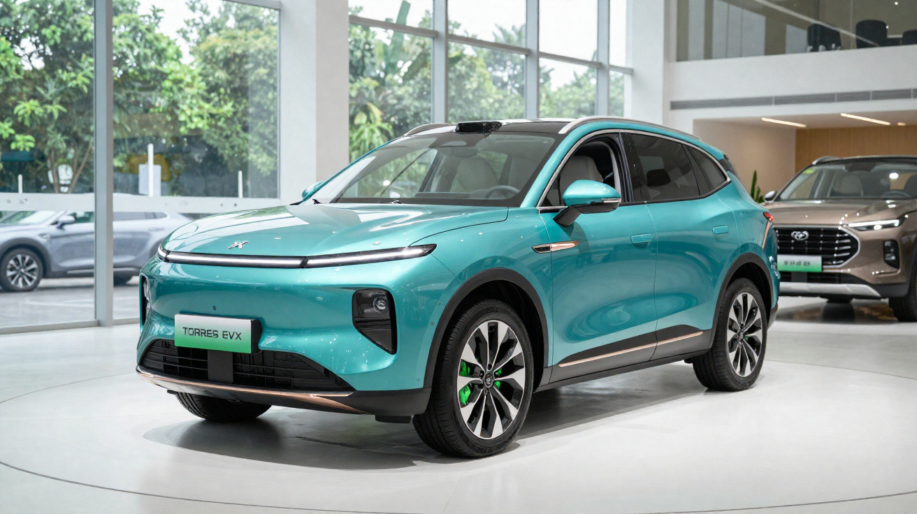 Carro elétrico SUV azul claro em exposição dentro de showroom moderno com grandes janelas.
