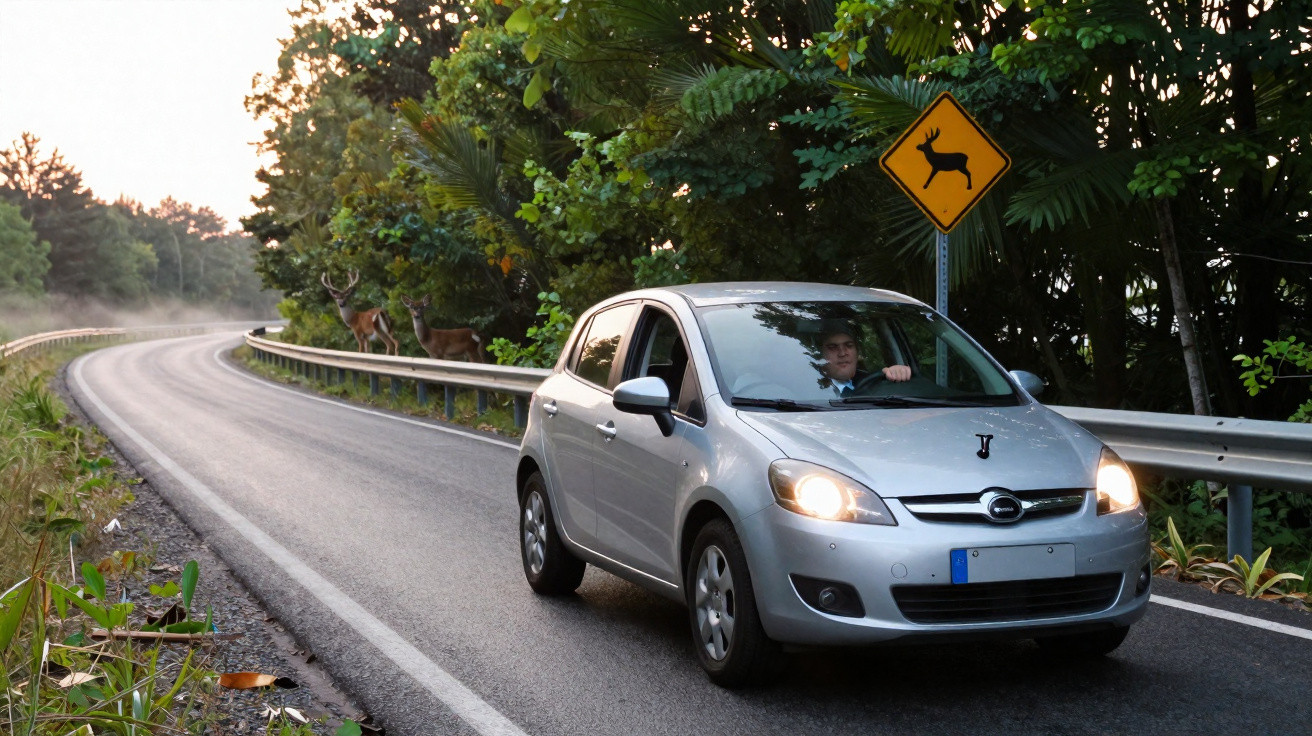 Carro cinza dirigindo em estrada cercada por árvores com placa de alerta de veado e animais na beira da pista.