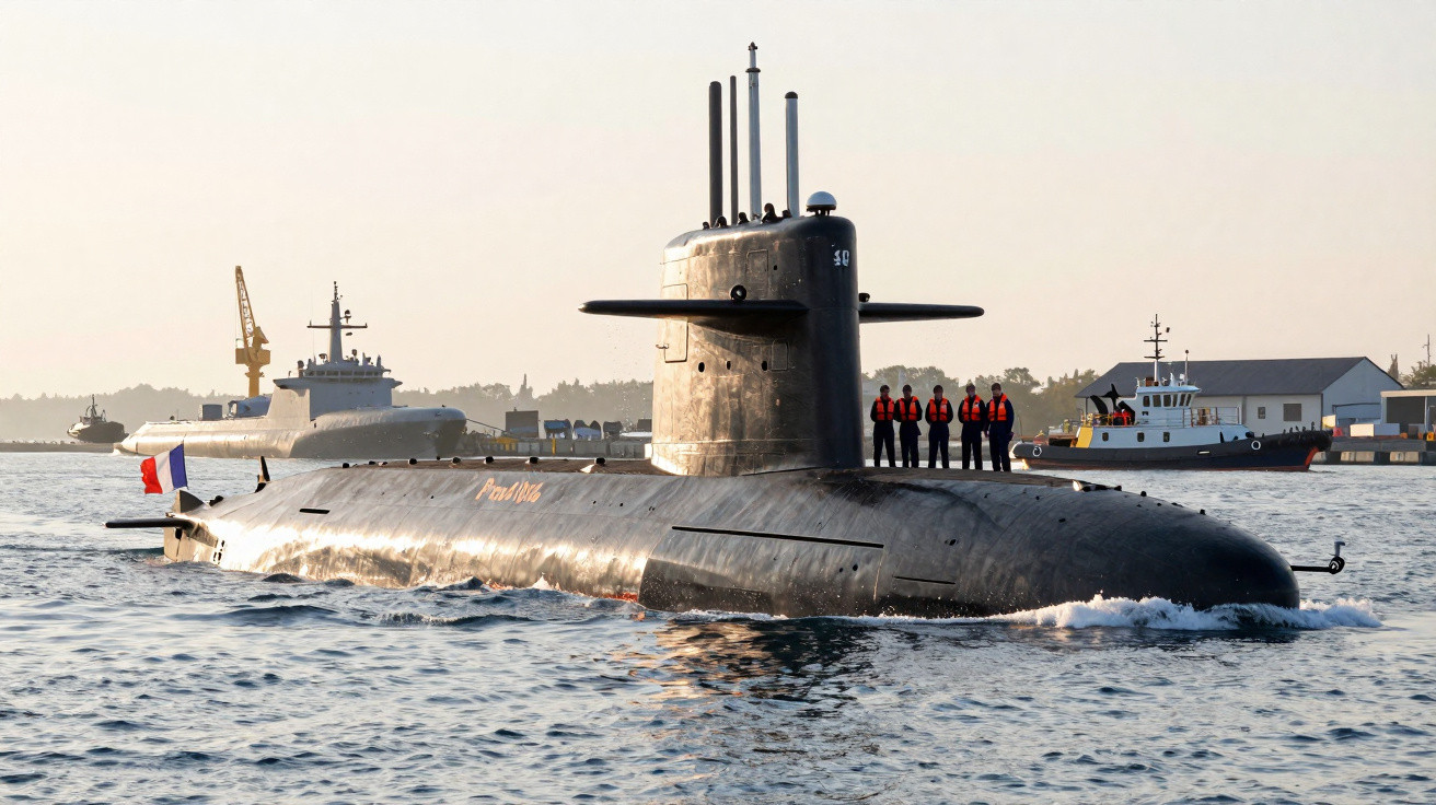 Submarino com tripulação visível navegando em área portuária ao entardecer.